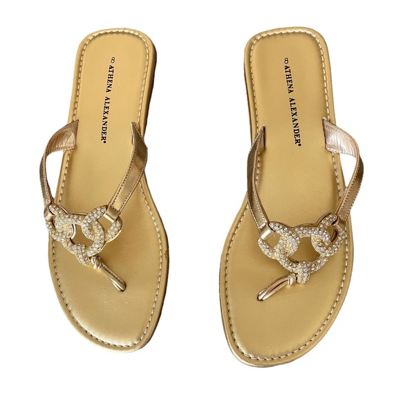 Athena Alexander Gold Sandals with sparkle rhinestone decoration in front. - Picture 2 of 13